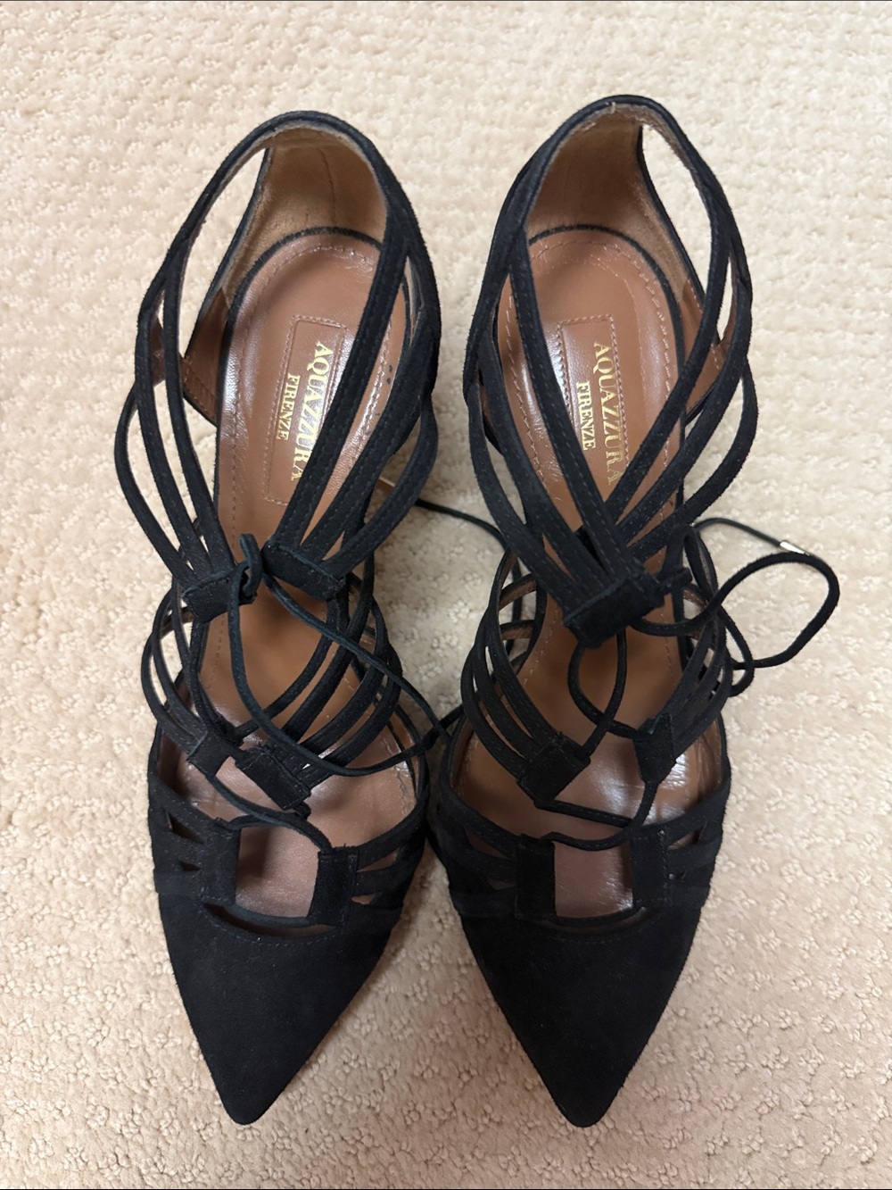Aquazzura Black Suede Strappy Lace-Up Pointed-Toe Heels